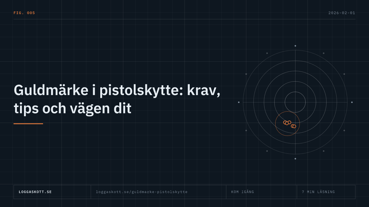 Tabell med poängkrav för guldmärke i pistolskytte per gren och vägen genom märkessystemet upp till guldnivå.