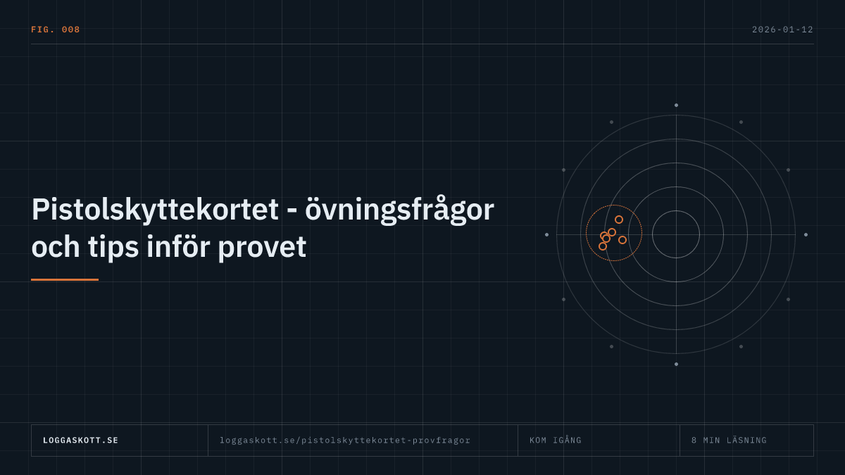 Övningsfrågor inför provet till pistolskyttekortet med teman som vapensäkerhet, lagar och regler på banan.
