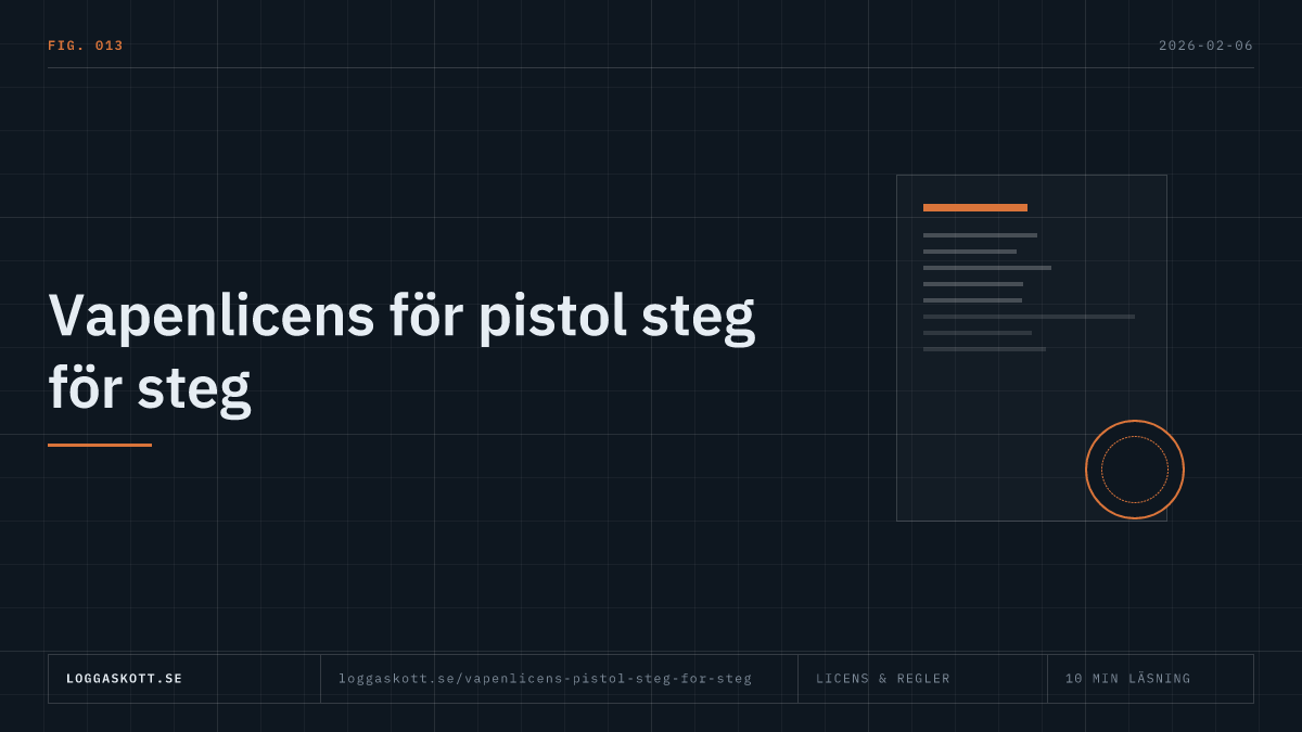 Dokument med sigill som visar stegen i ansökan om vapenlicens för pistol, från medlemskap till polisens beslut