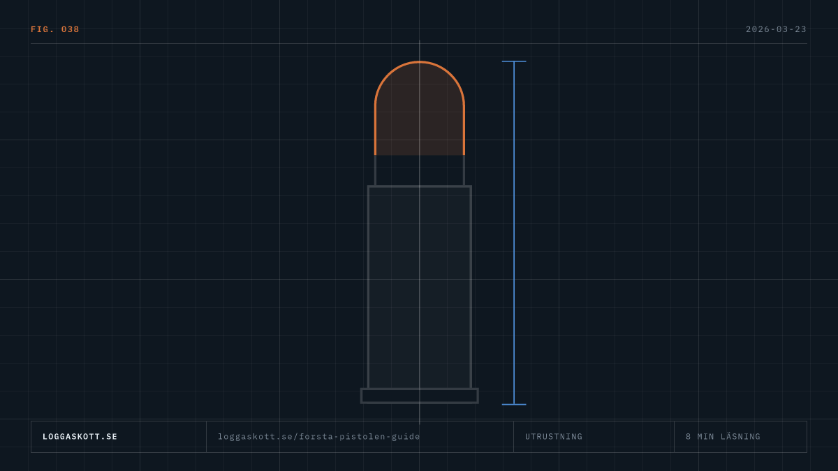 Teknisk grafik med patronprofil och måttlinjer som guide till att välja första pistolen som nybörjare.