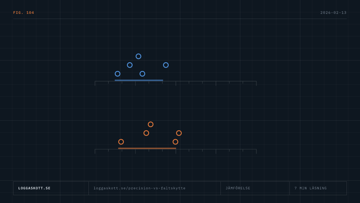 Jämförelse mellan precision och fältskytte med stapeldiagram över tempo, utrustning och kostnad.