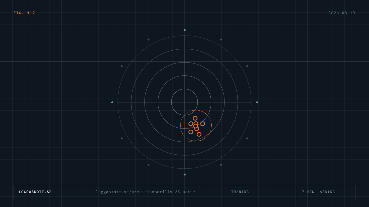 Precisionsdrills för pistol på 25 meter med måltavla och skottgrupp som visar en samlad träffbild.