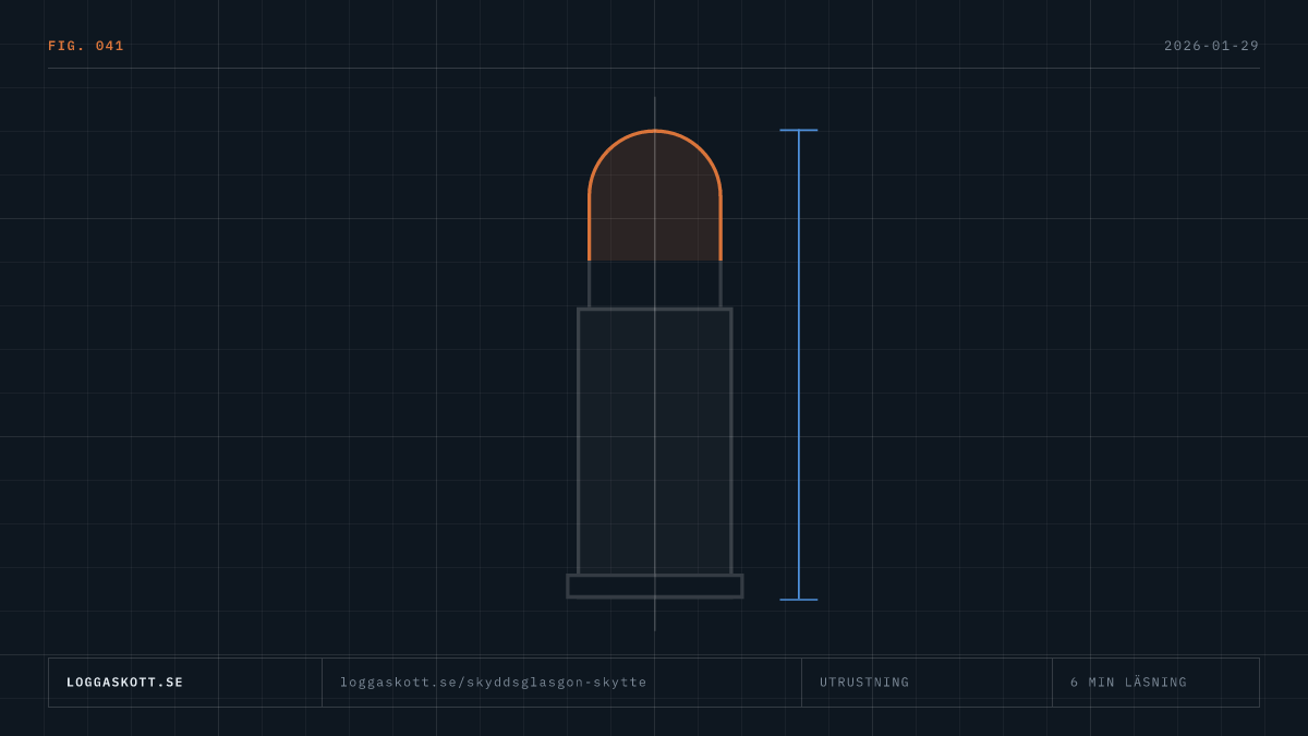 Teknisk grafik över skyddsglasögon för skytte med certifieringar, linsfärger och passform mot hörselskydd.
