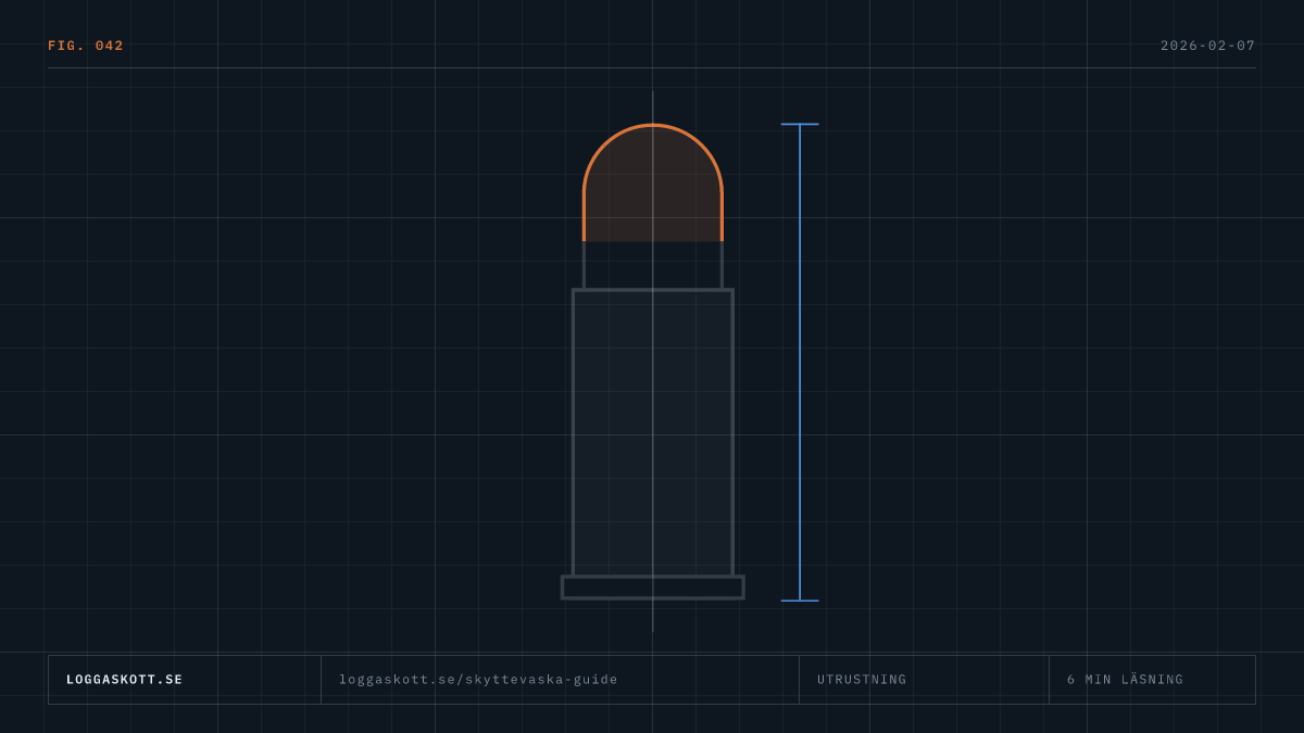 Teknisk grafik över skytteväska med måttlinjer, packlista och regler för säker vapentransport till tävling.