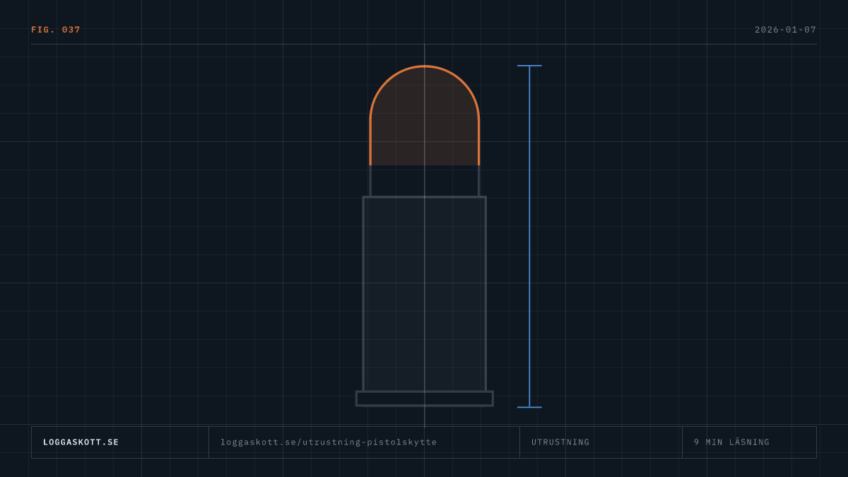 Patronprofil med måttlinjer i teknisk grafik över utrustning för pistolskytte: hörselskydd, glasögon och väska.